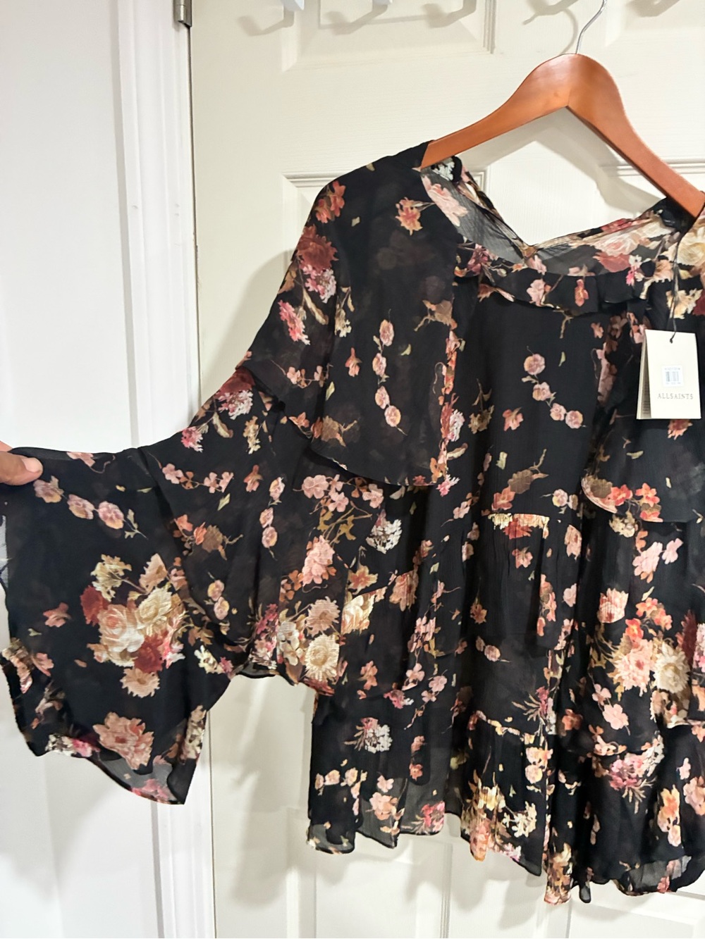 AllSaints Black Floral Ruffle Blouse
